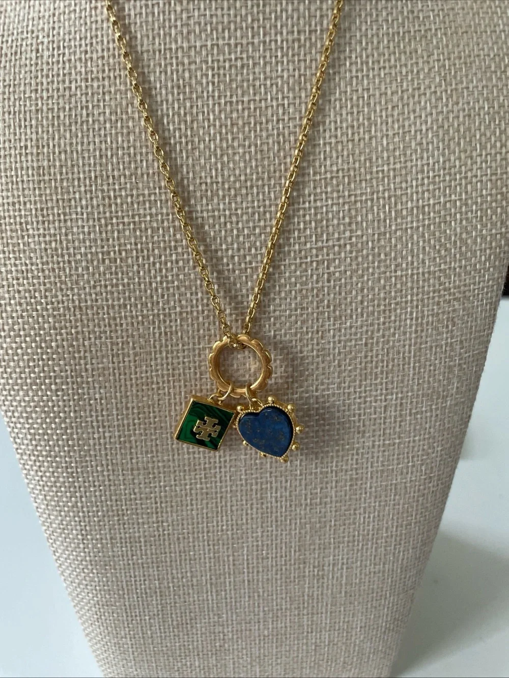 Tory Burch Gold Necklace with Blue Heart and Green Enamel Square Charms